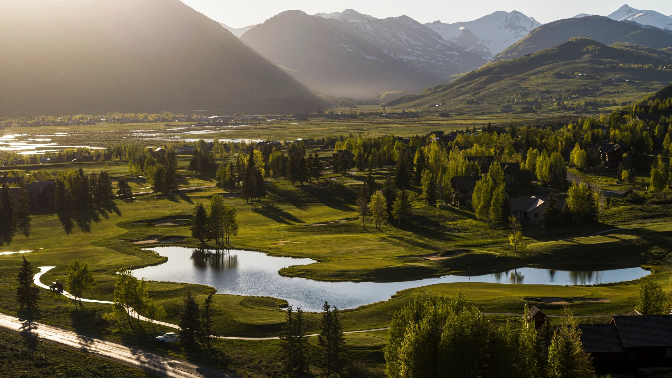 Golf course landscape at sunset